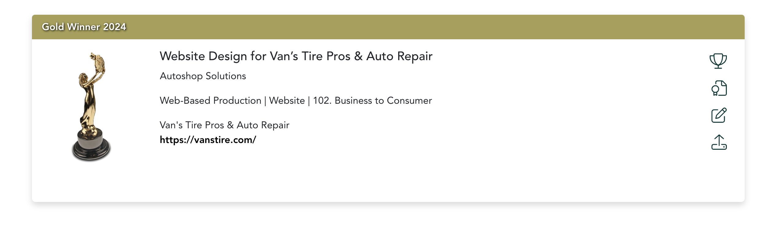Autoshop Solutions Wins Gold AVA Award For Website Design</br>Of Van's Tire Pros & Auto Repair!